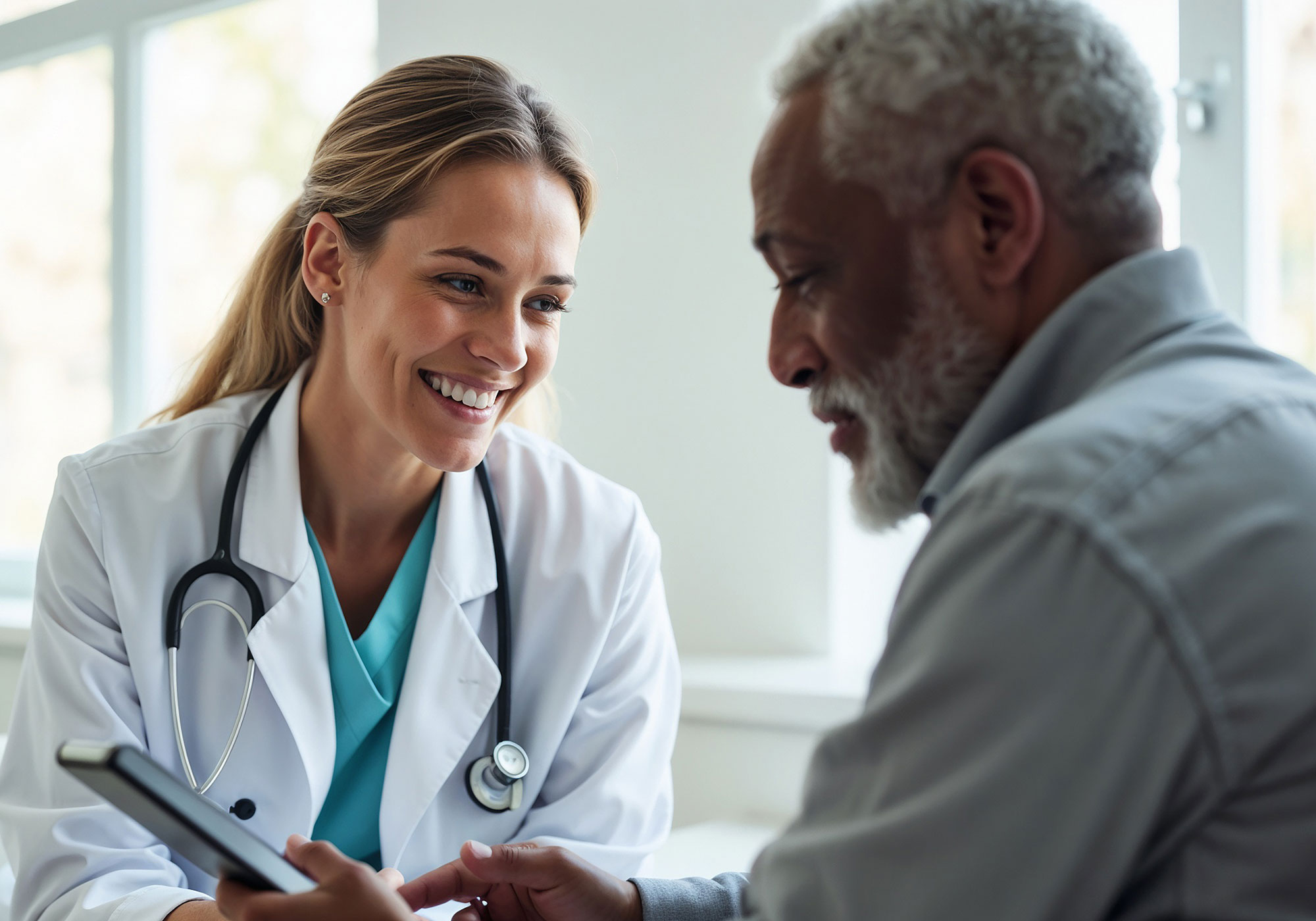 Female doctor and male patient with tablet